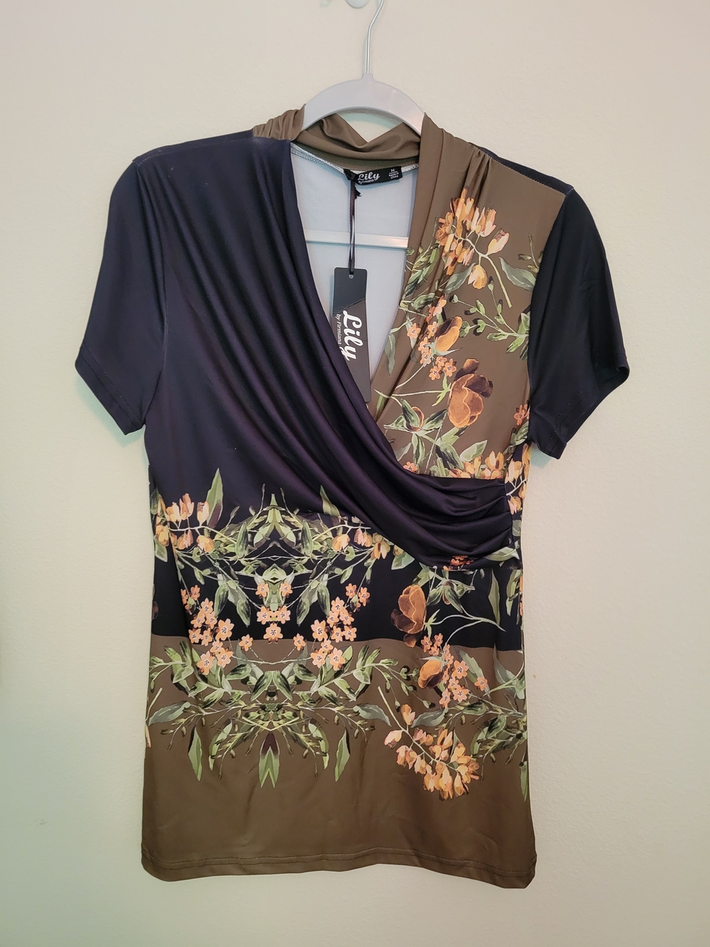 Lily Black and Olive Floral Wrap-Front Blouse